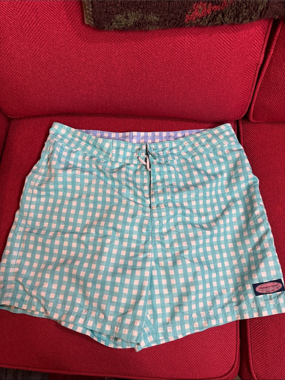 Vineyard Vines Aqua and White Gingham Swim Trunks 34” waist